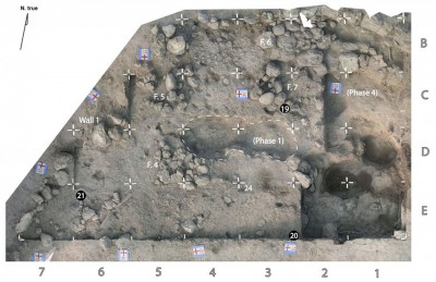 Figure 2. Aerial view of phase 2 occupation surface (plot XX F) excavated at Wadi Hammeh 27 in 2014; each grid square measures 1 × 1m; the earlier ‘XX F sondage’ (phase 4) is located to the right, and a pit dug from the later phase 1 is indicated by a dashed line; white discs indicate the locations of ‘artefact clusters’.